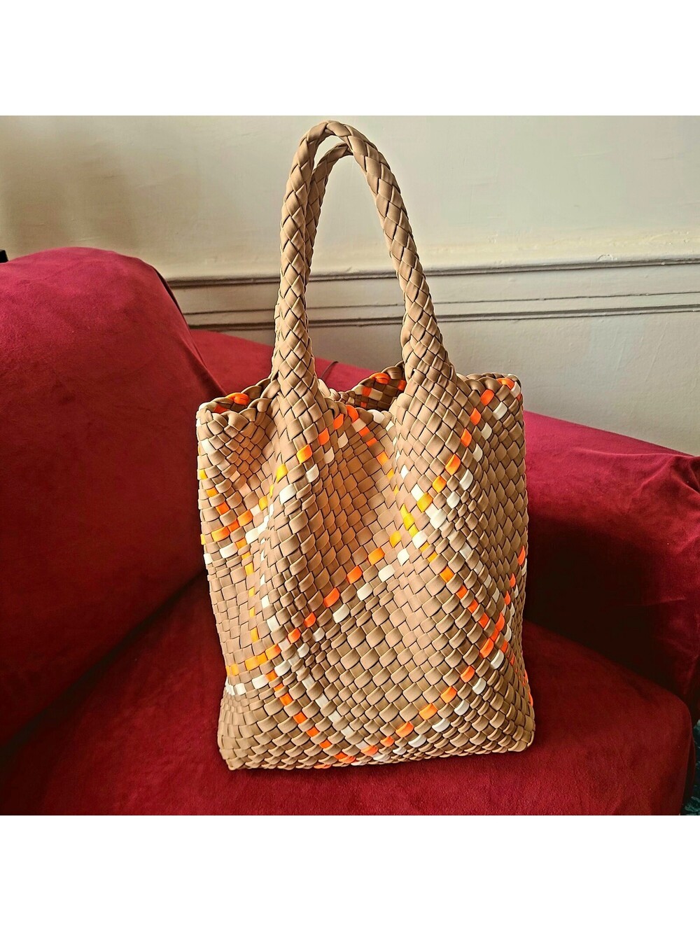 Woven Neoprene Tote Bag Dark Khaki Orange Braided Handle With Clutch